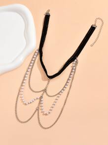 Faux Pearl Decor Thigh Chain - Silver - View 4