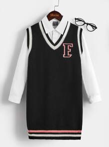 女孩字母圖案條紋飾邊毛衣裙不帶襯衫 - 黑色 - 查看 1