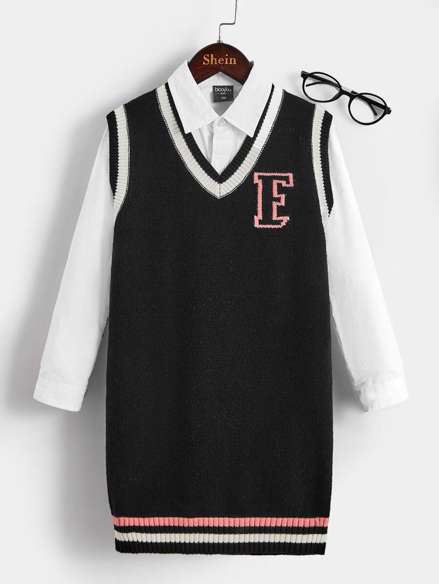 女孩字母圖案條紋飾邊毛衣裙不帶襯衫 - 黑色 - 查看 1