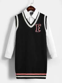 女孩字母圖案條紋飾邊毛衣裙不帶襯衫 - 黑色 - 查看 3