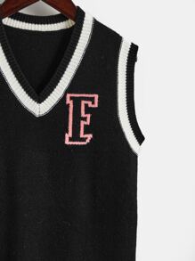 女孩字母圖案條紋飾邊毛衣裙不帶襯衫 - 黑色 - 查看 4