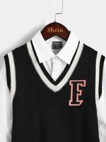 女孩字母圖案條紋飾邊毛衣裙不帶襯衫 - 黑色 - 查看 5