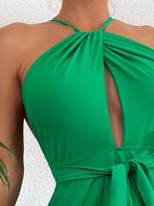 SHEIN Swim Plain Knot Front Swim Dress With Bikini Bottom - Green - View 3
