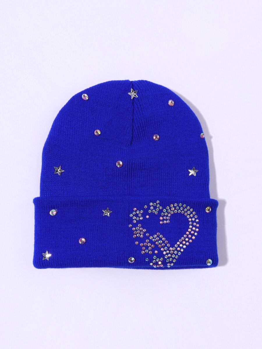 Rhinestone Heart & Star Decor Cuff Beanie - Royal Blue - View 1