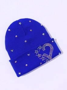 Rhinestone Heart & Star Decor Cuff Beanie - Royal Blue - View 4
