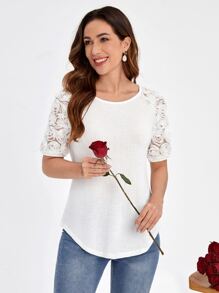 EMERY ROSE Camiseta con encaje en contraste de manga raglán bajo curvo tejido waffle - Blanco - Ver 1