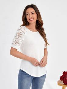 EMERY ROSE Camiseta con encaje en contraste de manga raglán bajo curvo tejido waffle - Blanco - Ver 3