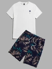 GENTILAND Hombres Camiseta con estampado tropical & Shorts de cintura con cordón - Azul Marino - Ver 1