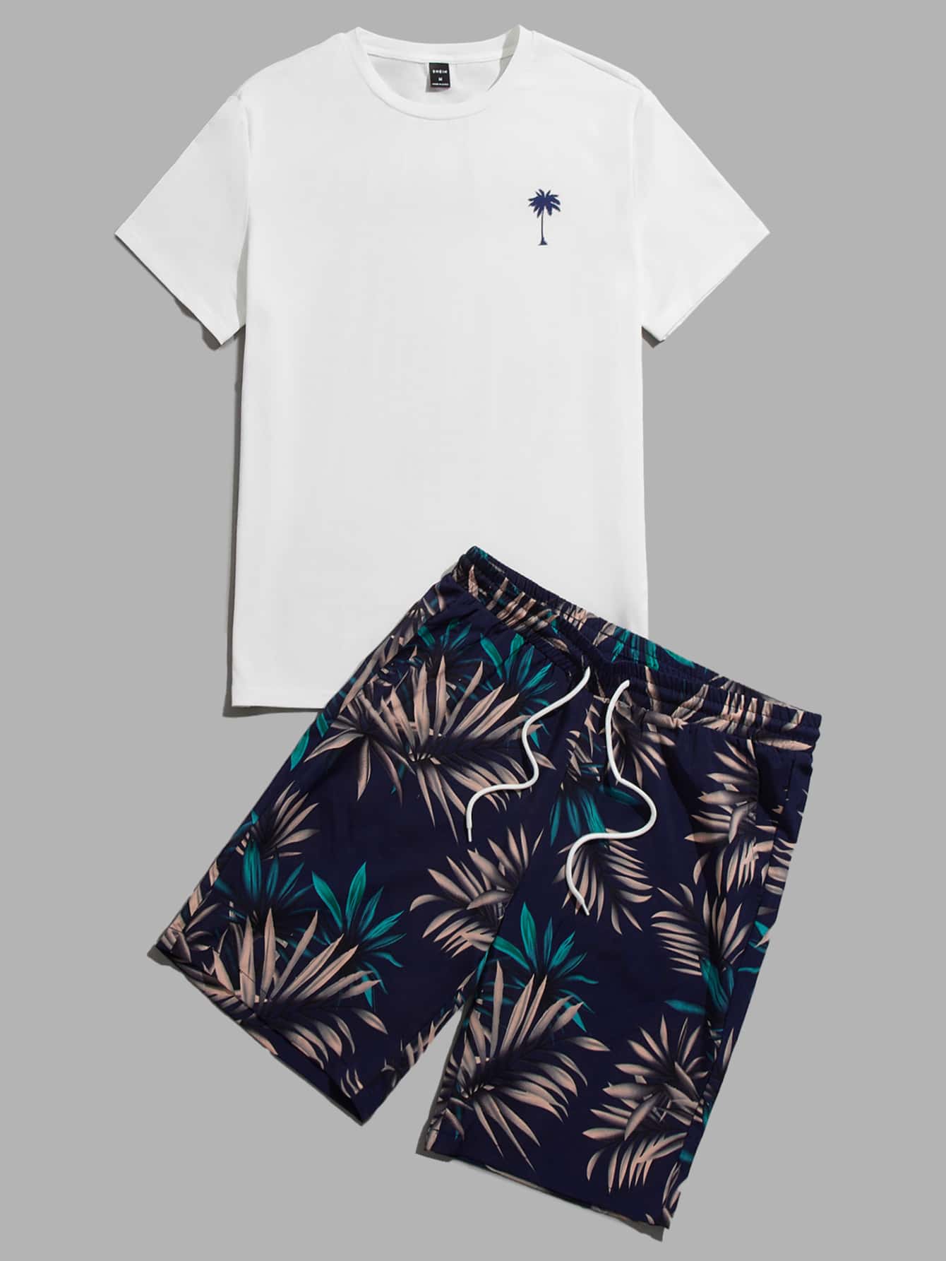 GENTILAND Hombres Camiseta con estampado tropical & Shorts de cintura con cordón - Azul Marino - Ver 1