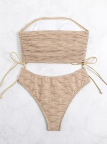 Drawstring Side Bandeau Bikini Set Summer Beach - Khaki - View 5