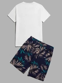 GENTILAND Hombres Camiseta con estampado tropical & Shorts de cintura con cordón - Azul Marino - Ver 4