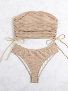Drawstring Side Bandeau Bikini Set Summer Beach - Khaki - View 4