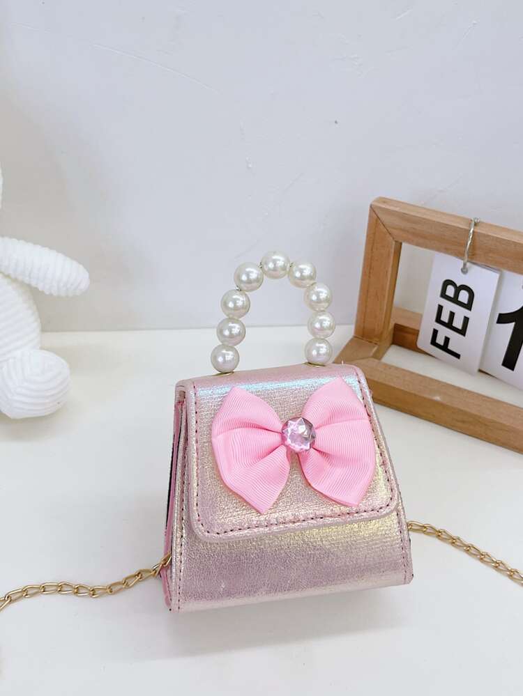 女孩蝴蝶結和人造珍珠裝飾鏈條翻蓋方包 - 粉色 - 查看 1