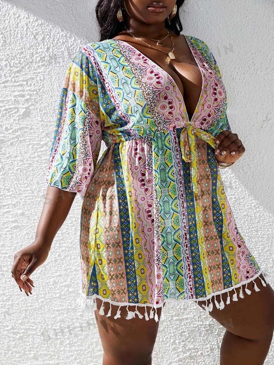 SHEIN Swim Curve Summer Beach Plus Mixed Print Tassel Trim Knot Front