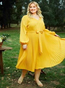 SHEIN CURVE+ Vestido de manga farol con cinturón bajo fruncido - Amarillo - Ver 1