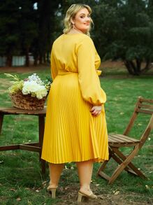 SHEIN CURVE+ Vestido de manga farol con cinturón bajo fruncido - Amarillo - Ver 2
