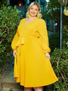 SHEIN CURVE+ Vestido de manga farol con cinturón bajo fruncido - Amarillo - Ver 4