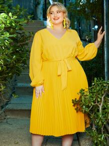 SHEIN CURVE+ Vestido de manga farol con cinturón bajo fruncido - Amarillo - Ver 6