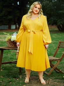 SHEIN CURVE+ Vestido de manga farol con cinturón bajo fruncido - Amarillo - Ver 7