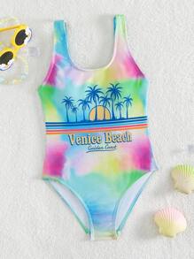 Girls Tie Dye & Palm Tree Print One Piece Swimsuit - Multicolor - View 1