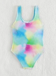 Girls Tie Dye & Palm Tree Print One Piece Swimsuit - Multicolor - View 2