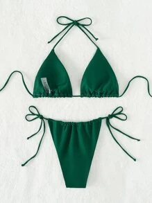 SHEIN Swim Summer Beach Solid Bikini Set Triangle Bra & Thong Bottom 2 Piece Bathing Suit - Dark Green - View 2