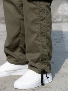 Manfinity Hombres Pantalones cargo con bolsillo con solapa de cintura con cordón - Verde militar - Ver 4