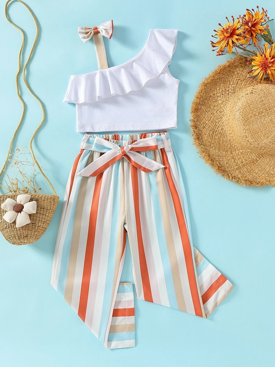 Toddler Girls Asymmetrical Neck Ruffle Trim Top & Striped Belted Trousers - Multicolor - View 1