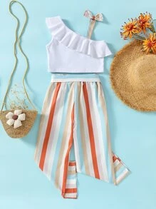 Toddler Girls Asymmetrical Neck Ruffle Trim Top & Striped Belted Trousers - Multicolor - View 2