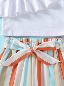 Toddler Girls Asymmetrical Neck Ruffle Trim Top & Striped Belted Trousers - Multicolor - View 3