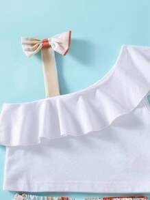 Toddler Girls Asymmetrical Neck Ruffle Trim Top & Striped Belted Trousers - Multicolor - View 6