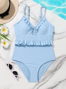 Girls Frill Trim One Piece Swimsuit - Baby Blue - View 1