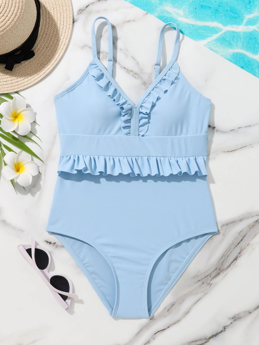 Girls Frill Trim One Piece Swimsuit - Baby Blue - View 1