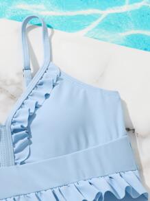 Girls Frill Trim One Piece Swimsuit - Baby Blue - View 3
