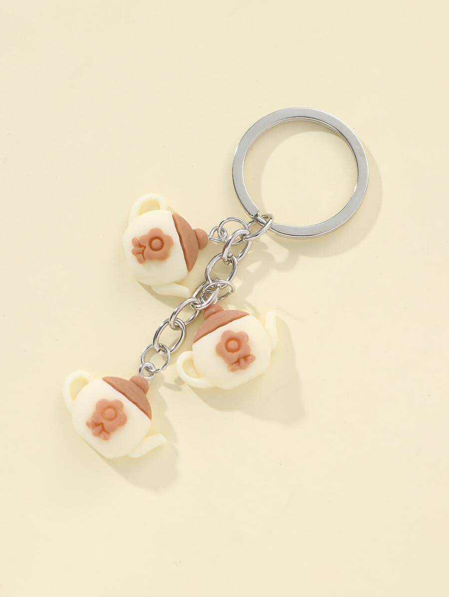 Flower Decor Teapot Charm Keychain - Multicolor - View 1
