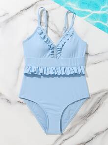 Girls Frill Trim One Piece Swimsuit - Baby Blue - View 5