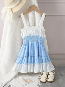 Niñas Vestido de tirantes de dos tonos bajo con fruncido - Azul y blanco - Ver 1