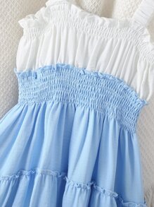 Niñas Vestido de tirantes de dos tonos bajo con fruncido - Azul y blanco - Ver 3