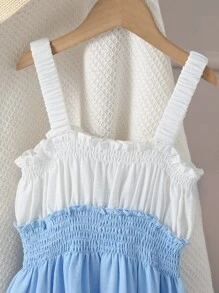 Niñas Vestido de tirantes de dos tonos bajo con fruncido - Azul y blanco - Ver 5