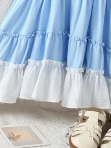 Niñas Vestido de tirantes de dos tonos bajo con fruncido - Azul y blanco - Ver 6