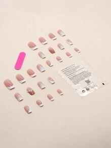 Ponte glamorosa con 24 uñas postizas cuadradas cortas blancas francesas decoradas con cristales 3D, 1 lima de uñas y 1 hoja de cinta para uñas - Multicolor - Ver 2
