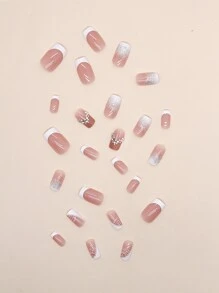 Ponte glamorosa con 24 uñas postizas cuadradas cortas blancas francesas decoradas con cristales 3D, 1 lima de uñas y 1 hoja de cinta para uñas - Multicolor - Ver 5