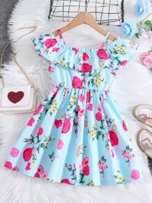 Young Girl Floral Print Cold Shoulder Ruffle Trim Dress - Blue - View 1