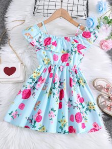 Young Girl Floral Print Cold Shoulder Ruffle Trim Dress - Blue - View 2