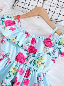 Young Girl Floral Print Cold Shoulder Ruffle Trim Dress - Blue - View 3