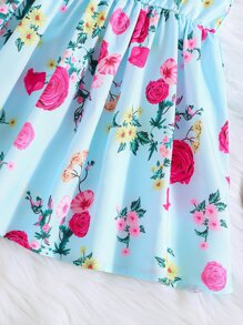 Young Girl Floral Print Cold Shoulder Ruffle Trim Dress - Blue - View 4