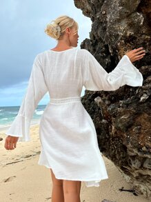 SHEIN Contrast Lace Drawstring Waist Kimono, For Summer Beach Vacation - White - View 2