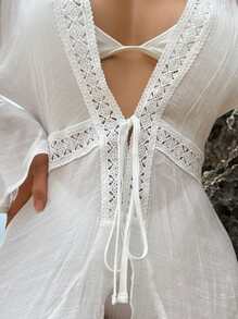 SHEIN Contrast Lace Drawstring Waist Kimono, For Summer Beach Vacation - White - View 4