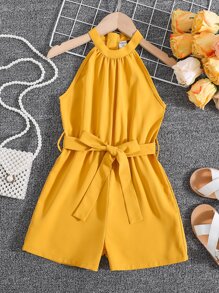 Young Girl Fashionable Halter Neck Sleeveless Princess Style Romper For Summer - Yellow - View 1