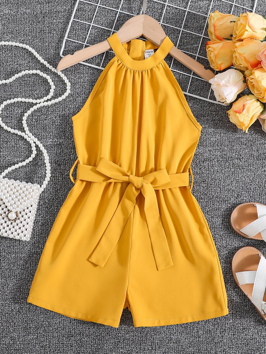 Young Girl Fashionable Halter Neck Sleeveless Princess Style Romper For Summer - Yellow - View 1